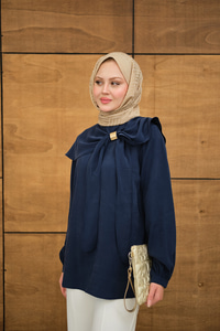 Fular Yaka Cupra Gömlek Lacivert