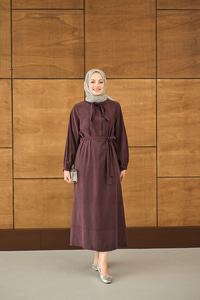 Fular Yaka Detaylı Nervürlü Modal Elbise Bordo