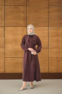 Fular Yaka Detaylı Nervürlü Modal Elbise Bordo