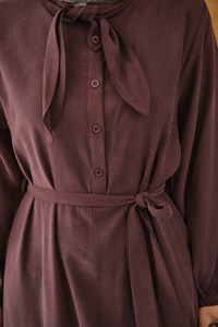 Fular Yaka Detaylı Nervürlü Modal Elbise Bordo