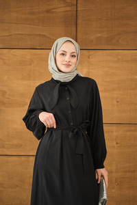 Fular Yaka Detaylı Nervürlü Modal Elbise Siyah