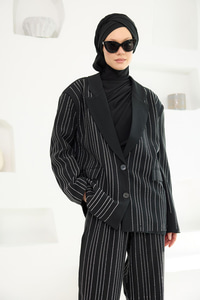 Full Taşlı BLazer Ceketli Takım Siyah