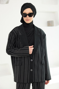 Full Taşlı BLazer Ceketli Takım Siyah