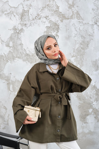 Gabardin Çıtçıt Detay Bel Bağlamalı Ceket Haki Yeşil