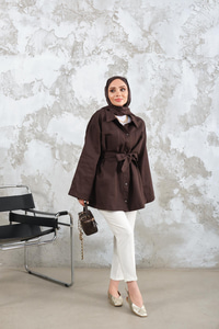 Gabardin Çıtçıt Detay Bel Bağlamalı Ceket Kahverengi