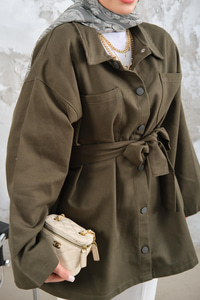 Gabardin Çıtçıt Detay Bel Bağlamalı Ceket Haki Yeşil