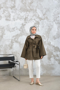 Gabardin Çıtçıt Detay Bel Bağlamalı Ceket Haki Yeşil