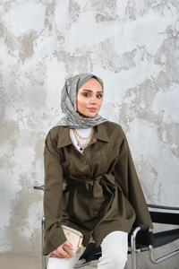 Gabardin Çıtçıt Detay Bel Bağlamalı Ceket Haki Yeşil