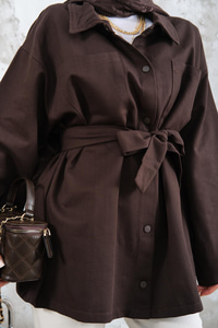 Gabardin Çıtçıt Detay Bel Bağlamalı Ceket Kahverengi