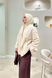 Gabardin Nakışlı Bomber Ceket Ekru