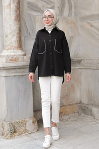 Gabardin Nakışlı Çeket Siyah