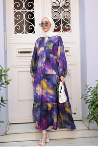 Galaksi Desenli Elbise Mor