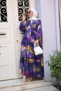 Galaksi Desenli Elbise Mor