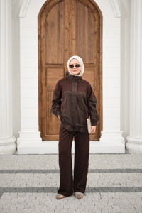 Garni Detaylı Bağcıklı Takım Kahverengi