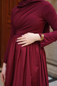 Garnili Asimetrik Elbise Bordo