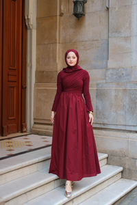 Garnili Asimetrik Elbise Bordo