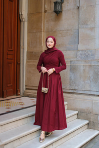 Garnili Asimetrik Elbise Bordo