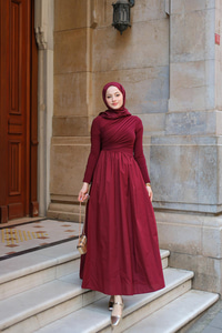 Garnili Asimetrik Elbise Bordo