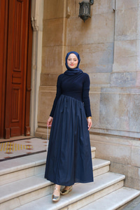 Garnili Asimetrik Elbise Lacivert