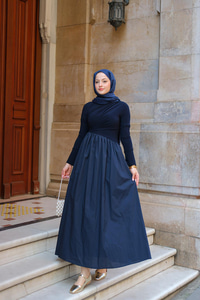 Garnili Asimetrik Elbise Lacivert