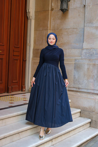 Garnili Asimetrik Elbise Lacivert