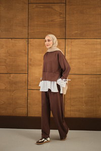 Garnili İkili Takım Kahverengi