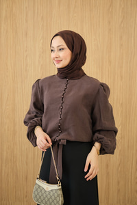 Geçirme Düğme Detay Bel Bağlamalı Gömlek Kahverengi