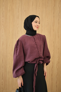 Geçirme Düğme Detay Bel Bağlamalı Gömlek Bordo