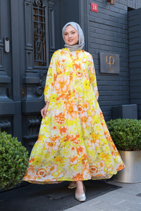 Gelincik Çicek Desenli Elbise sarı-turuncu