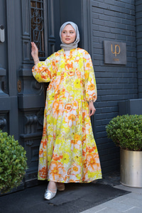 Gelincik Çicek Desenli Elbise sarı-turuncu