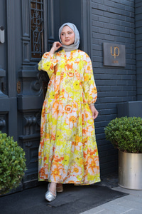 Gelincik Çicek Desenli Elbise sarı-turuncu