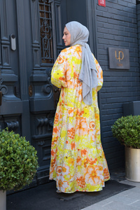 Gelincik Çicek Desenli Elbise sarı-turuncu