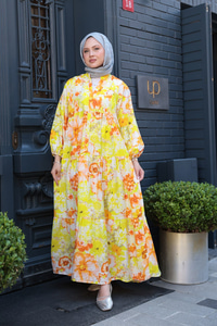 Gelincik Çicek Desenli Elbise sarı-turuncu