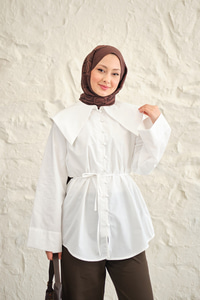 Gemici Yaka Bel Bağlamalı Gömlek Beyaz