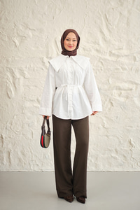 Gemici Yaka Bel Bağlamalı Gömlek Beyaz