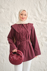 Gemici Yaka Bel Bağlamalı Gömlek Bordo