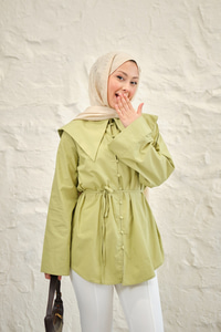 Gemici Yaka Bel Bağlamalı Gömlek Fıstık Yeşil