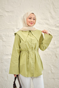 Gemici Yaka Bel Bağlamalı Gömlek Fıstık Yeşil