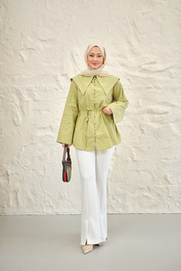 Gemici Yaka Bel Bağlamalı Gömlek Fıstık Yeşil