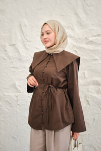 Gemici Yaka Bel Bağlamalı Gömlek Kahverengi