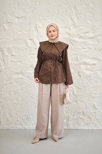 Gemici Yaka Bel Bağlamalı Gömlek Kahverengi