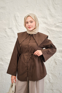 Gemici Yaka Bel Bağlamalı Gömlek Kahverengi