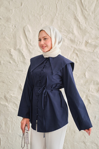 Gemici Yaka Bel Bağlamalı Gömlek Lacivert