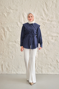 Gemici Yaka Bel Bağlamalı Gömlek Lacivert