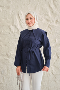 Gemici Yaka Bel Bağlamalı Gömlek Lacivert