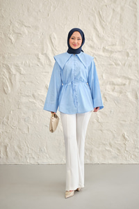 Gemici Yaka Bel Bağlamalı Gömlek Mavi
