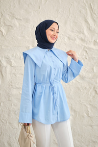 Gemici Yaka Bel Bağlamalı Gömlek Mavi