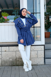 Gemici Yaka Bel Büzgülü Ceket Lacivert