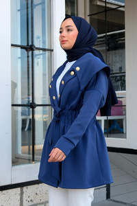 Gemici Yaka Bel Büzgülü Ceket Lacivert