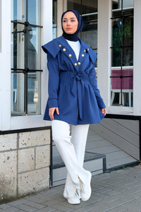 Gemici Yaka Bel Büzgülü Ceket Lacivert